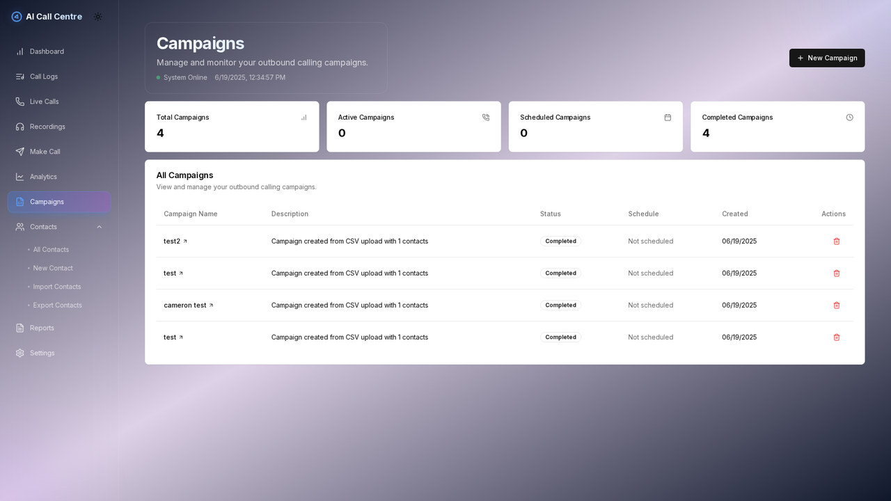 The voice platform's campaigns screen.